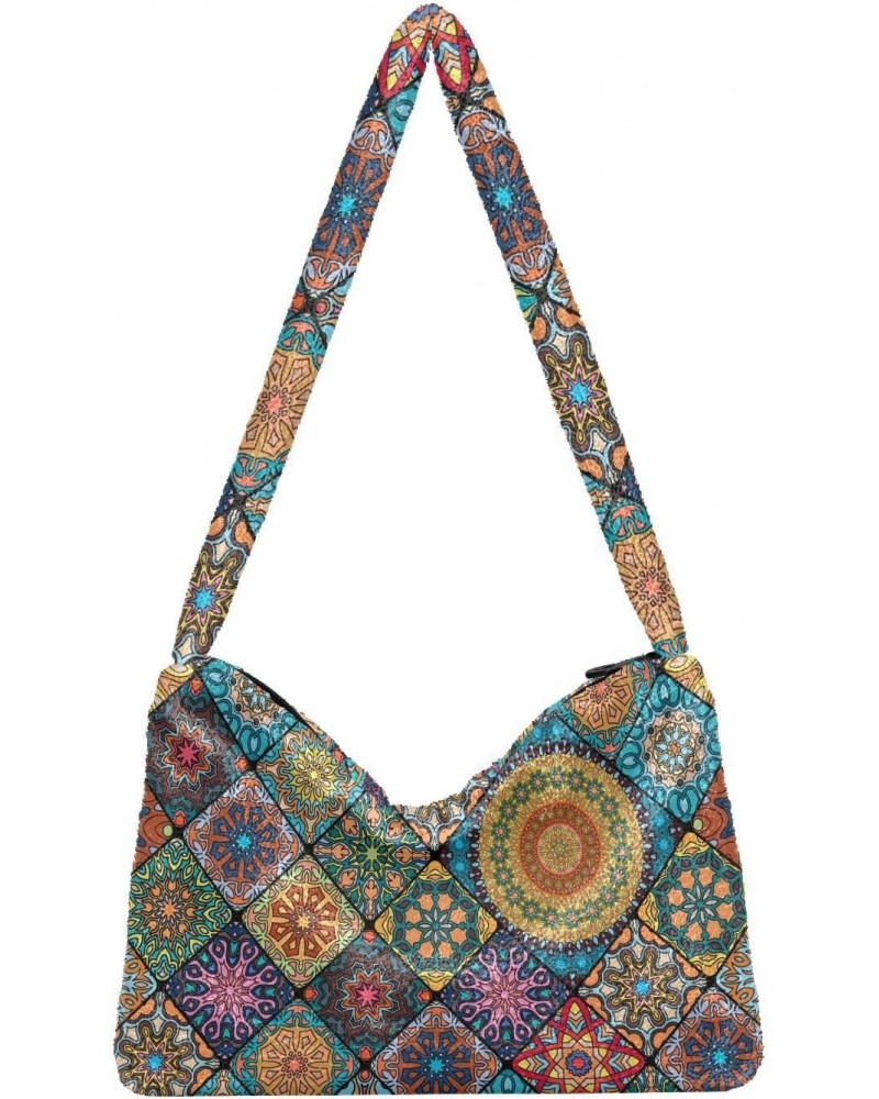 Boho Mandala Shoulder Tote Bag for Women Furry Crossbody bag Hobo Handbag Purses for College Work Travel $10.08 Totes