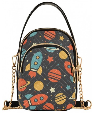 Space Galaxy Spaceship Small Crossbody Handbag for Women Mini Over Shoulder Purse with Three Zippered Pockets Durable Sling B...