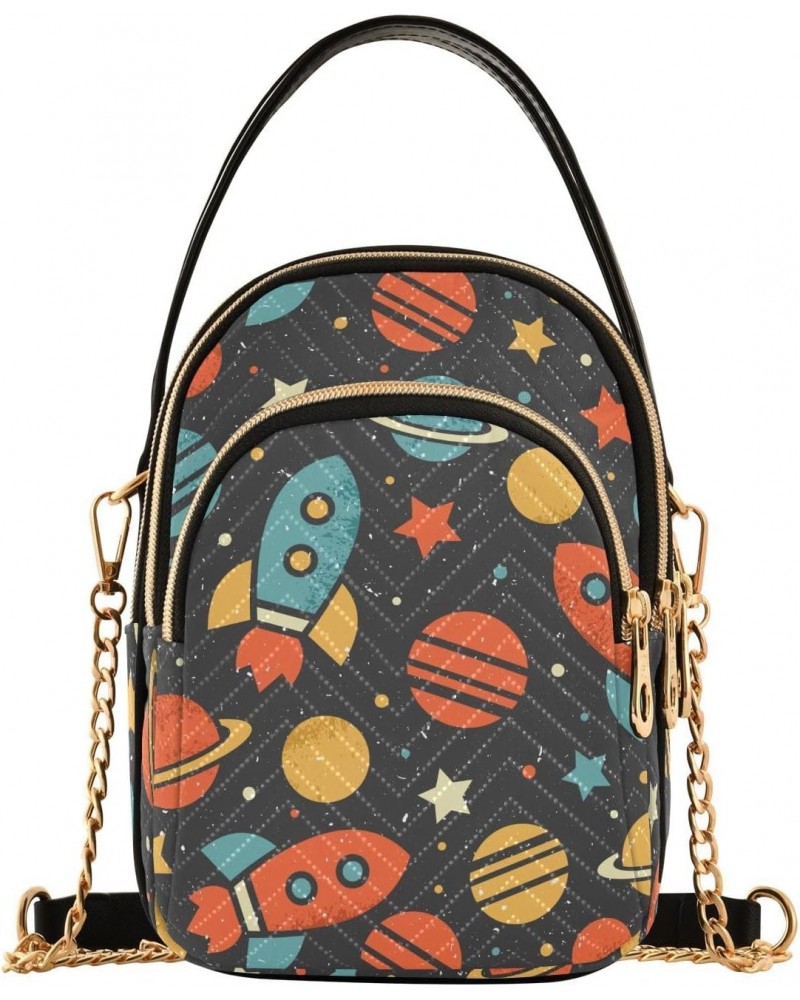 Space Galaxy Spaceship Small Crossbody Handbag for Women Mini Over Shoulder Purse with Three Zippered Pockets Durable Sling B...