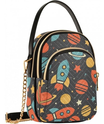 Space Galaxy Spaceship Small Crossbody Handbag for Women Mini Over Shoulder Purse with Three Zippered Pockets Durable Sling B...