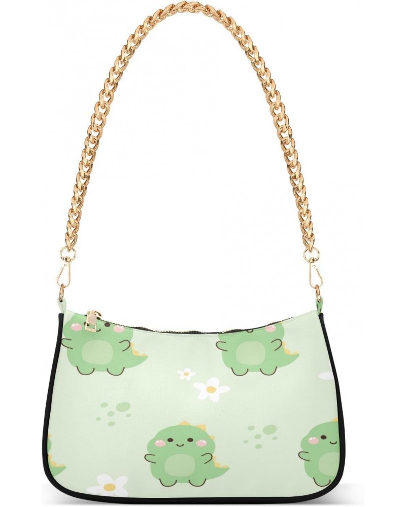 Green Dinosaur Flowers Shoulder Bag for Women Hobo Tote Handbag Gold Chain Crossbody Bag with Zipper Clutch Purse Handbags $1...