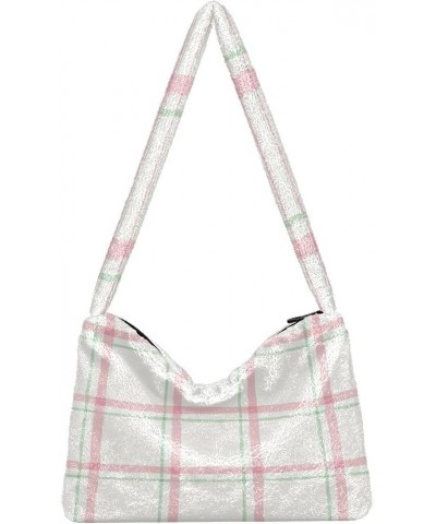 Plaid Purse for Women Hobo Bag, Furry Tote Shoulder Handbag Watercolor Pink Plaid $10.70 Totes