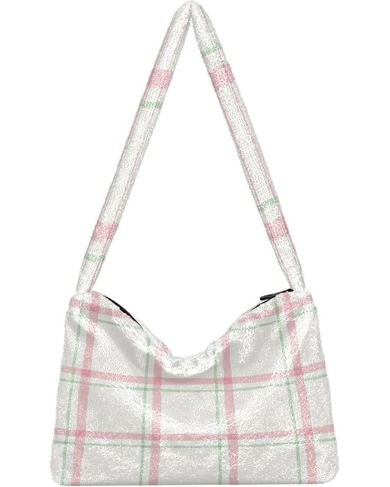 Plaid Purse for Women Hobo Bag, Furry Tote Shoulder Handbag Watercolor Pink Plaid $10.70 Totes