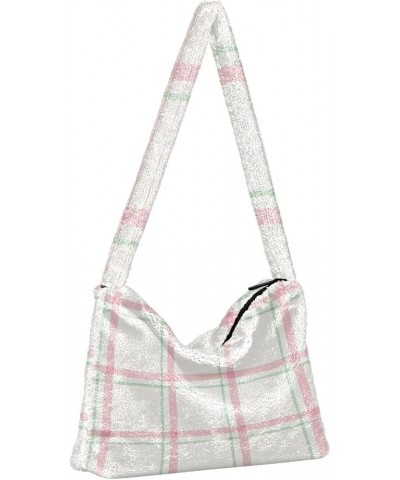 Plaid Purse for Women Hobo Bag, Furry Tote Shoulder Handbag Watercolor Pink Plaid $10.70 Totes