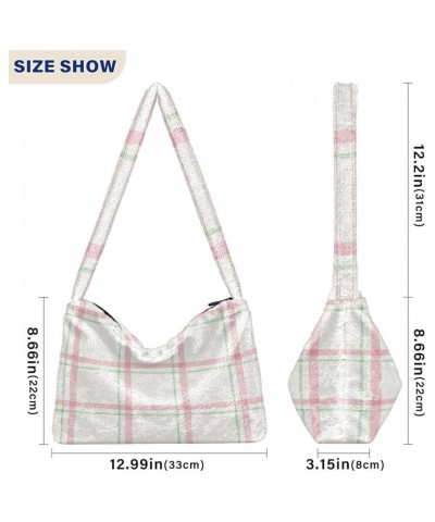 Plaid Purse for Women Hobo Bag, Furry Tote Shoulder Handbag Watercolor Pink Plaid $10.70 Totes