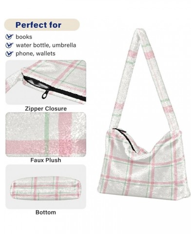 Plaid Purse for Women Hobo Bag, Furry Tote Shoulder Handbag Watercolor Pink Plaid $10.70 Totes