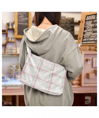 Plaid Purse for Women Hobo Bag, Furry Tote Shoulder Handbag Watercolor Pink Plaid $10.70 Totes