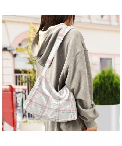 Plaid Purse for Women Hobo Bag, Furry Tote Shoulder Handbag Watercolor Pink Plaid $10.70 Totes