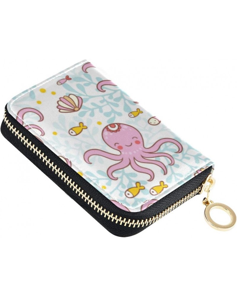 RFID Credit Card Holder Case Pink Octopus Leather Printed Zipper Card Case Wallet for Women Girls $10.25 Wallets