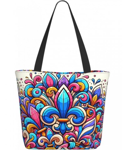 Women Shoulder Bag Fleur-De-Lis-Colorful Foldable Tote Bag With Zipper Closure Casual Shopping Purse Daily Bag $14.15 Totes