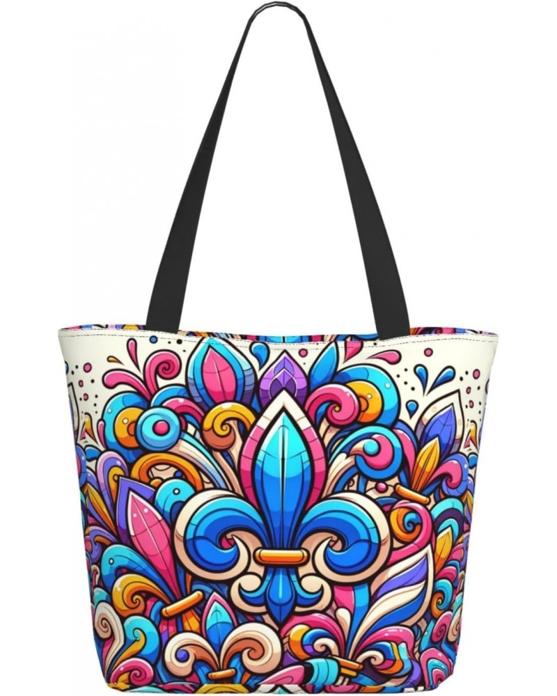 Women Shoulder Bag Fleur-De-Lis-Colorful Foldable Tote Bag With Zipper Closure Casual Shopping Purse Daily Bag $14.15 Totes