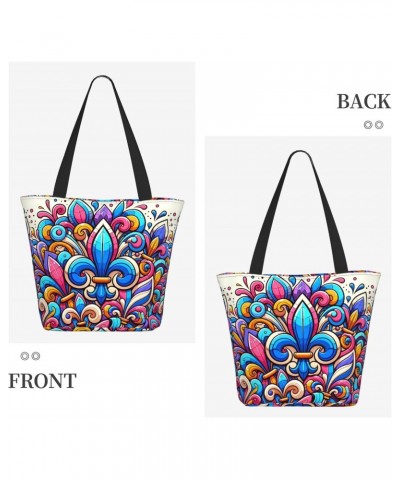 Women Shoulder Bag Fleur-De-Lis-Colorful Foldable Tote Bag With Zipper Closure Casual Shopping Purse Daily Bag $14.15 Totes