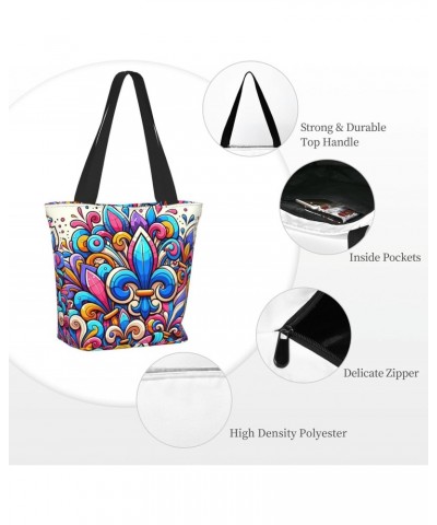 Women Shoulder Bag Fleur-De-Lis-Colorful Foldable Tote Bag With Zipper Closure Casual Shopping Purse Daily Bag $14.15 Totes