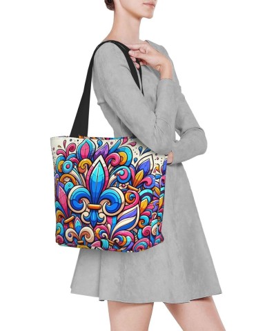 Women Shoulder Bag Fleur-De-Lis-Colorful Foldable Tote Bag With Zipper Closure Casual Shopping Purse Daily Bag $14.15 Totes