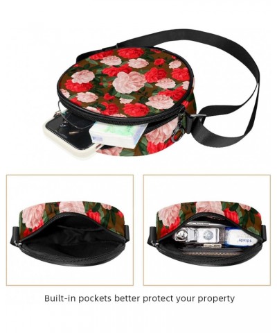 Beautiful Red Pink Camellia Flowers Crossbody Bag for Women Teen Girls Round Canvas Shoulder Bag Purse Tote Handbag Bag $8.82...