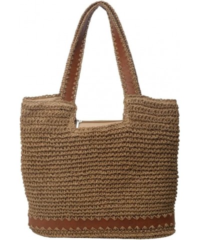 Straw Beach Bags Women Summer Beach Handmade Woven Tote Bag Mesh Hollow Shoulder Bag for Holiday Khaki $12.70 Shoulder Bags