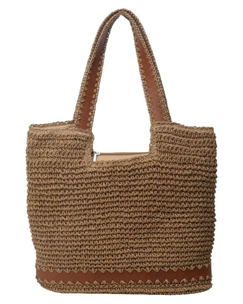 Straw Beach Bags Women Summer Beach Handmade Woven Tote Bag Mesh Hollow Shoulder Bag for Holiday Khaki $12.70 Shoulder Bags