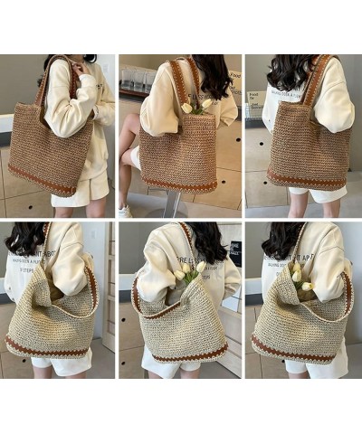 Straw Beach Bags Women Summer Beach Handmade Woven Tote Bag Mesh Hollow Shoulder Bag for Holiday Khaki $12.70 Shoulder Bags