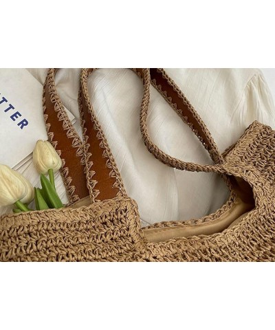 Straw Beach Bags Women Summer Beach Handmade Woven Tote Bag Mesh Hollow Shoulder Bag for Holiday Khaki $12.70 Shoulder Bags