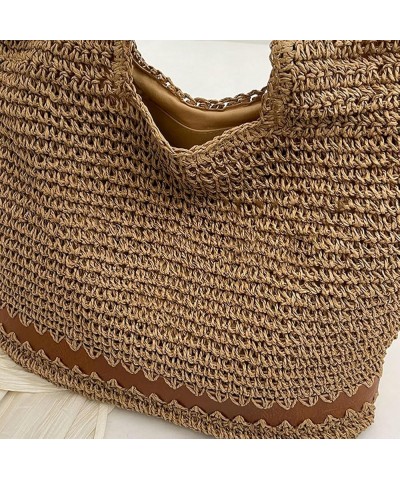 Straw Beach Bags Women Summer Beach Handmade Woven Tote Bag Mesh Hollow Shoulder Bag for Holiday Khaki $12.70 Shoulder Bags