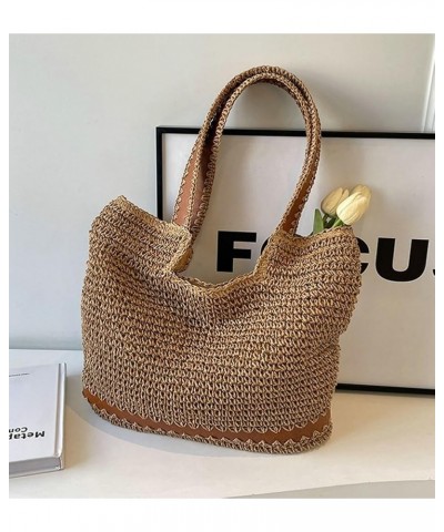 Straw Beach Bags Women Summer Beach Handmade Woven Tote Bag Mesh Hollow Shoulder Bag for Holiday Khaki $12.70 Shoulder Bags