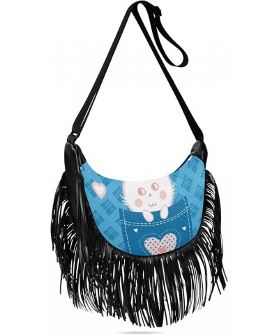 Women Fringe Tassel Cross Body Bag Cute Bunny Rabbit Blue Leisure Shoulder Bag Color296 $10.57 Crossbody Bags