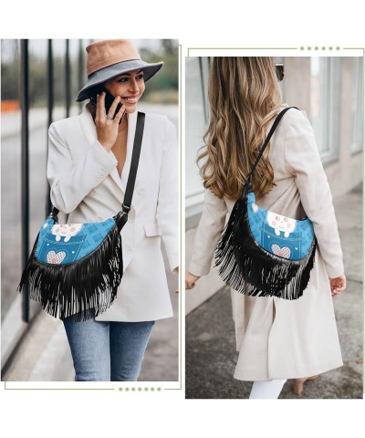 Women Fringe Tassel Cross Body Bag Cute Bunny Rabbit Blue Leisure Shoulder Bag Color296 $10.57 Crossbody Bags