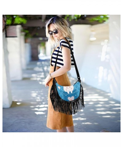 Women Fringe Tassel Cross Body Bag Cute Bunny Rabbit Blue Leisure Shoulder Bag Color296 $10.57 Crossbody Bags