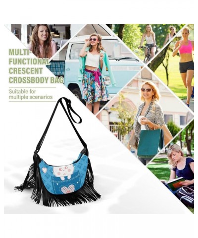 Women Fringe Tassel Cross Body Bag Cute Bunny Rabbit Blue Leisure Shoulder Bag Color296 $10.57 Crossbody Bags