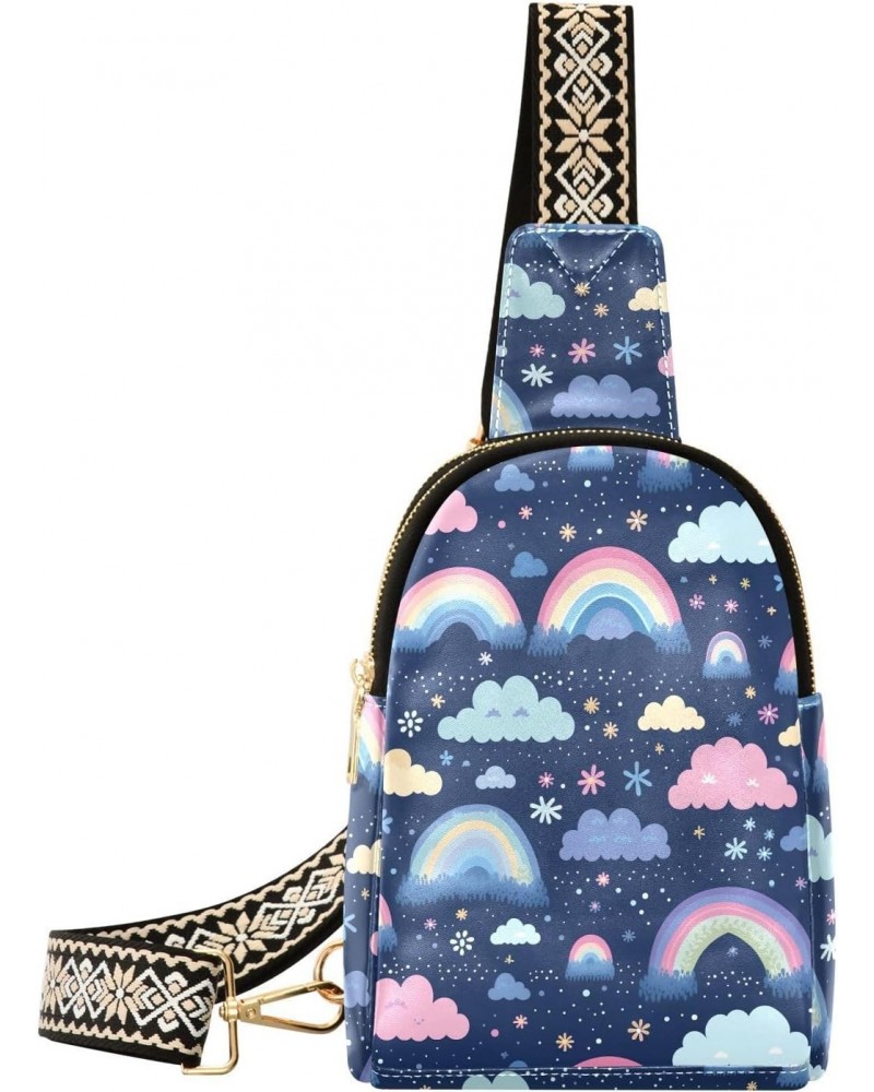 Sling Bag for Women Cartoon Rainbow Floral Clouds Crossbody Bag Small Chest Bag Shoulder Bag Cell Phone Purse for Casual Trav...