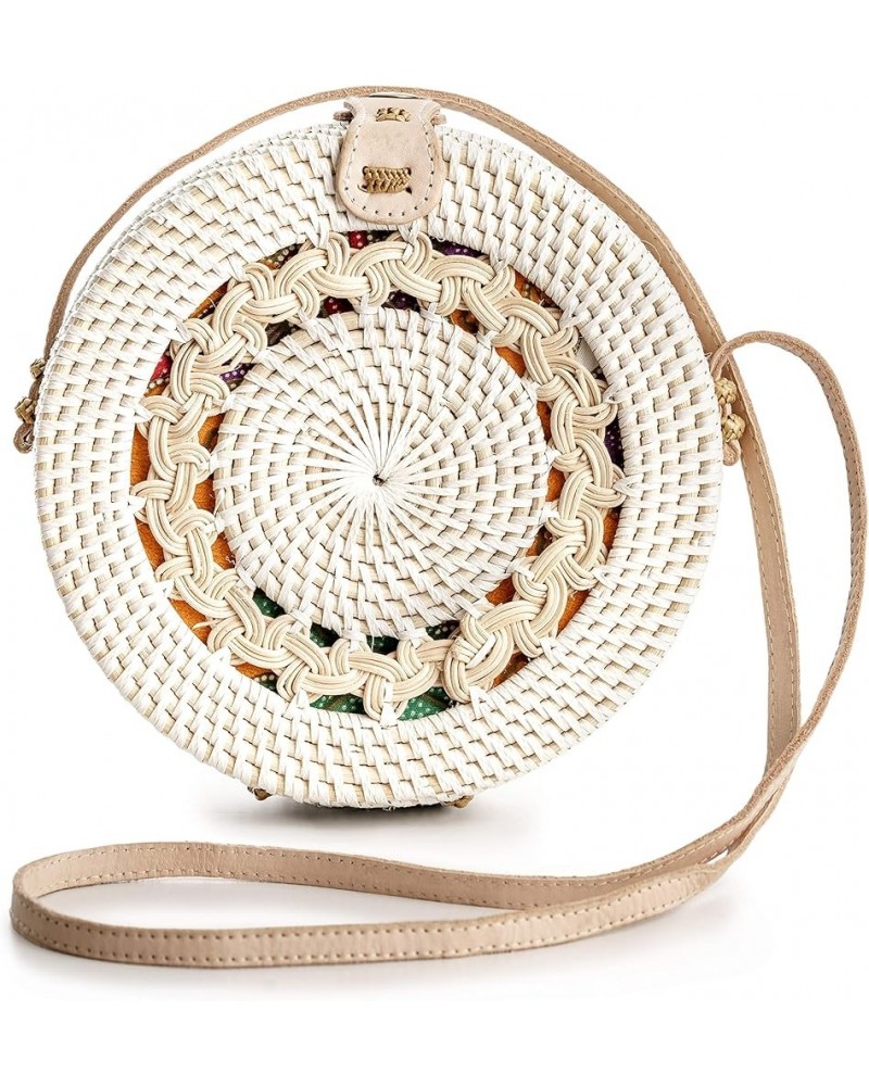 Round Rattan Bag for Women - Handmade Straw Bags - Wicker Purse - Brown White Circle Crossbody Boho Bags White Pattern $19.98...