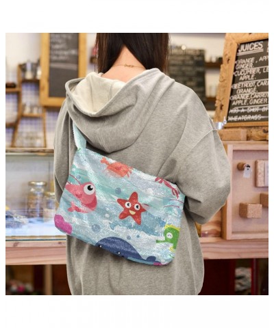 Women Boho Handbag Cartoon Whale Lobster Starfish Seahorse Underarm Bag Tote Bag Shoulder Bag Crossbody Bag Fluffy Cell Phone...