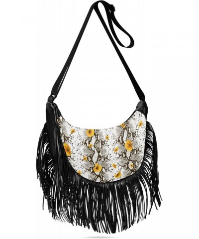 Tassel Crossbody Bag Snake Skin Flower Bloom Women Fringe Boho Handbag Hippie Purse Vintage Bohemian Shoulder Bag '70s Daily ...