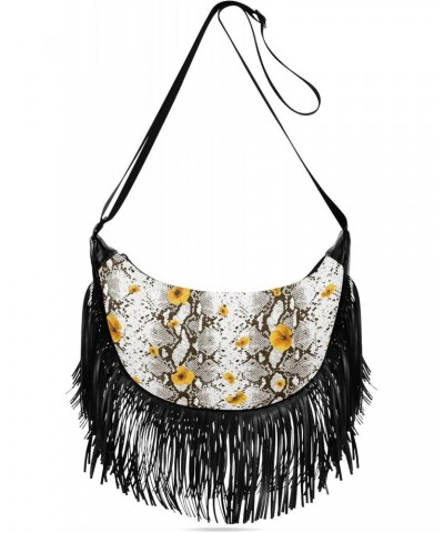 Tassel Crossbody Bag Snake Skin Flower Bloom Women Fringe Boho Handbag Hippie Purse Vintage Bohemian Shoulder Bag '70s Daily ...