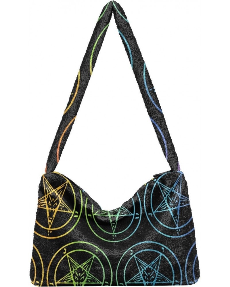 Ladies Soft Plush Underarm Bag Baphomet-satanic-goat-gay-rainbow Fluffy Shoulder Bag Women Furry Purse Handbag $16.00 Shoulde...