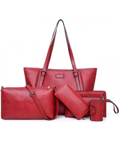 Synthetic PU Leather Tote Shoulder Portable Messenger Women's Bag 5pcs Satchel Crossbody Top-Handle Handbags-Purple Red $17.8...