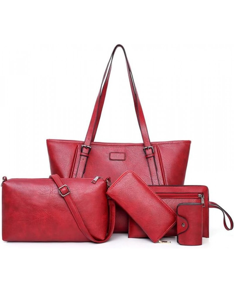 Synthetic PU Leather Tote Shoulder Portable Messenger Women's Bag 5pcs Satchel Crossbody Top-Handle Handbags-Purple Red $17.8...