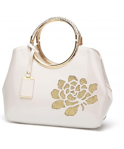 Women Tote, Patent Leather Handbag, Elegant Top Handle Bag Flower Embroidery Satchel White $41.03 Totes