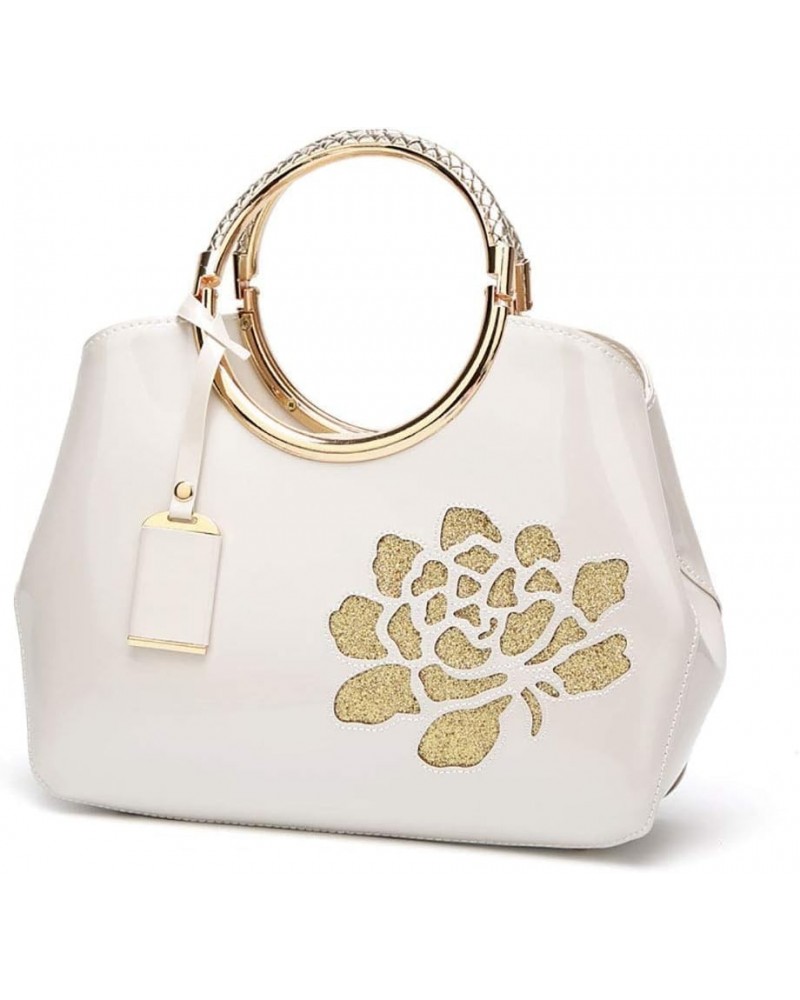 Women Tote, Patent Leather Handbag, Elegant Top Handle Bag Flower Embroidery Satchel White $41.03 Totes