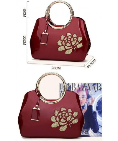 Women Tote, Patent Leather Handbag, Elegant Top Handle Bag Flower Embroidery Satchel White $41.03 Totes