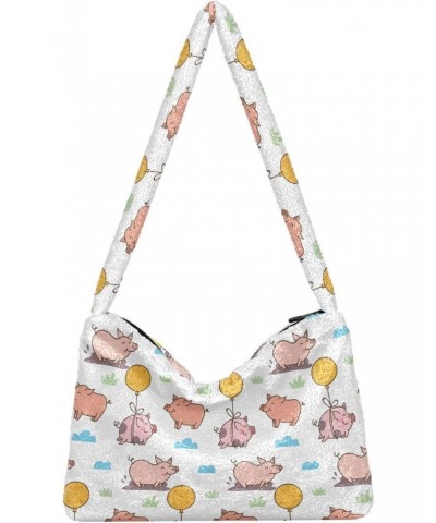 Cartoon Pig Pattern Faux Plush Tote Handbags Versatile Underarm Bag Stylish Shuolder Bag for Women $12.97 Totes