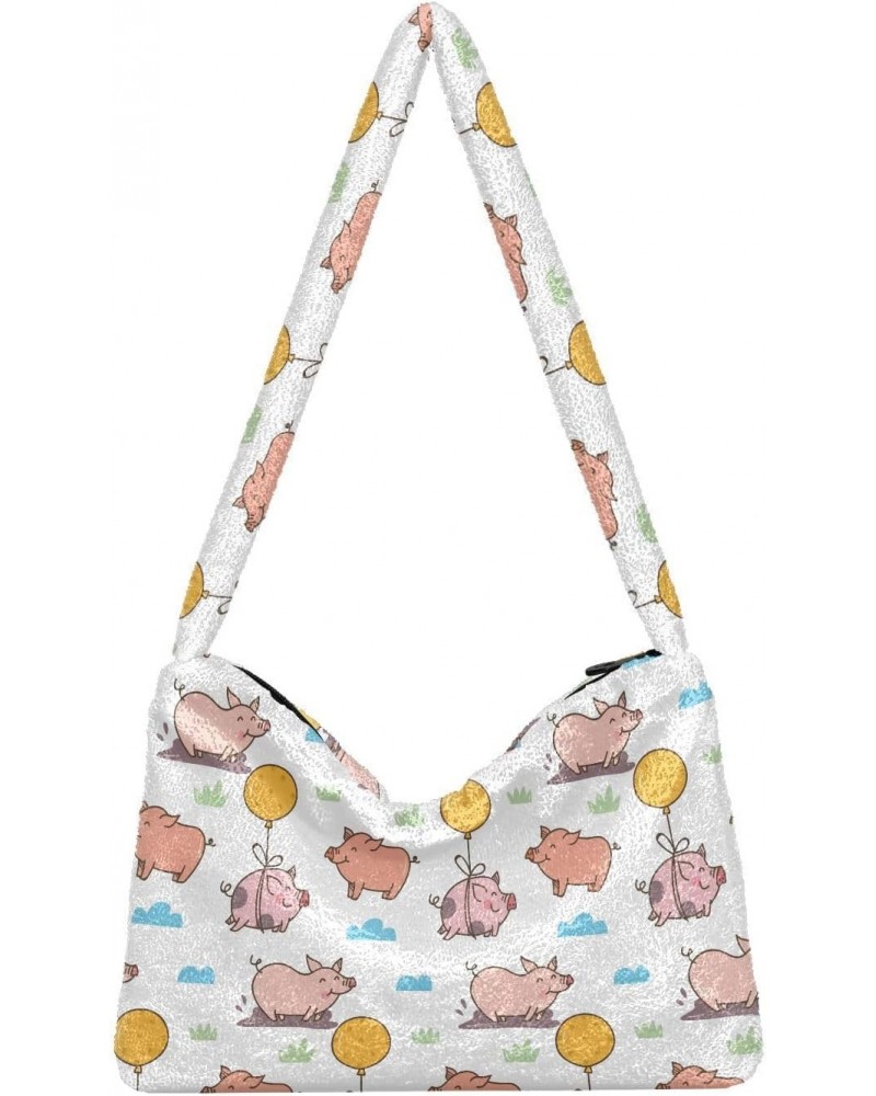 Cartoon Pig Pattern Faux Plush Tote Handbags Versatile Underarm Bag Stylish Shuolder Bag for Women $12.97 Totes