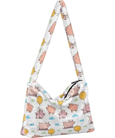 Cartoon Pig Pattern Faux Plush Tote Handbags Versatile Underarm Bag Stylish Shuolder Bag for Women $12.97 Totes