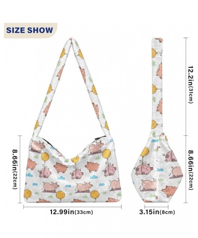 Cartoon Pig Pattern Faux Plush Tote Handbags Versatile Underarm Bag Stylish Shuolder Bag for Women $12.97 Totes