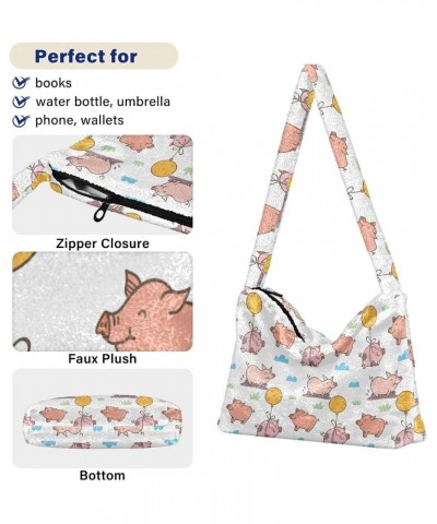 Cartoon Pig Pattern Faux Plush Tote Handbags Versatile Underarm Bag Stylish Shuolder Bag for Women $12.97 Totes