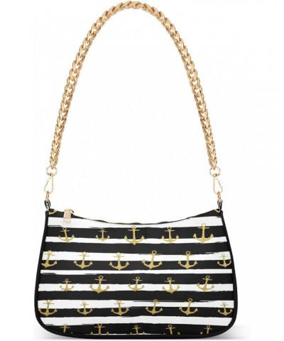 Gold Anchor Striped Small Chain Shoulder Bag for Women Travel Hobo Tote Handbag Clutch Purse with Zipper $13.50 Totes