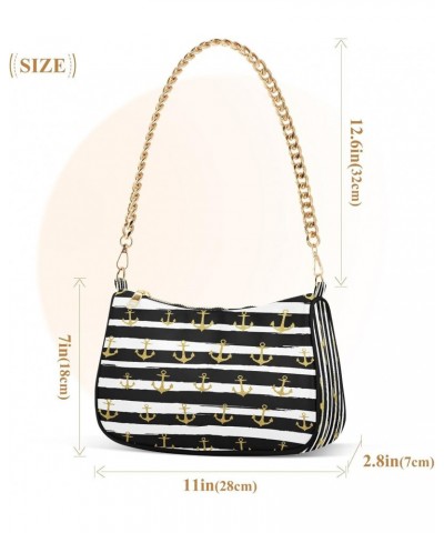 Gold Anchor Striped Small Chain Shoulder Bag for Women Travel Hobo Tote Handbag Clutch Purse with Zipper $13.50 Totes