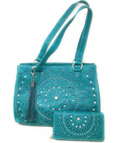 Set of Women's Concealed Carry Tote Double Flat Strap Purse with Laser Cutout Inlay with Matching Wallet Turquoise $26.65 Totes