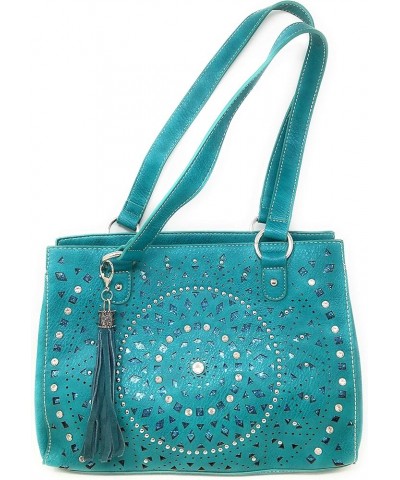 Set of Women's Concealed Carry Tote Double Flat Strap Purse with Laser Cutout Inlay with Matching Wallet Turquoise $26.65 Totes