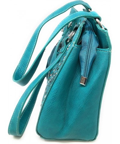 Set of Women's Concealed Carry Tote Double Flat Strap Purse with Laser Cutout Inlay with Matching Wallet Turquoise $26.65 Totes